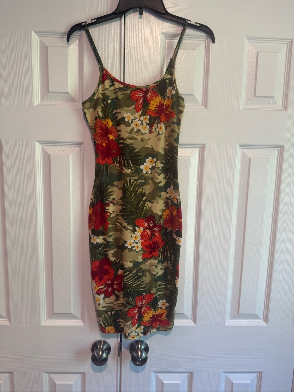 Love Olive Camo Midi Dress with Red & Yellow Floral Print
